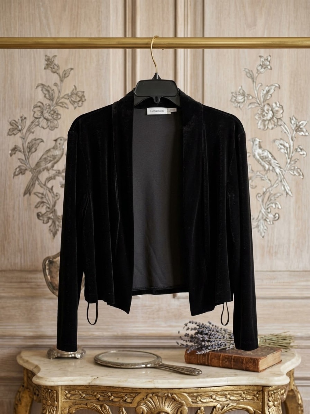 Calvin Klein Black Velvet Open Front Blazer